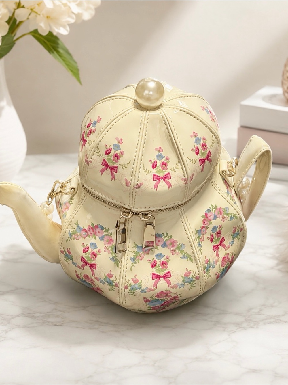 Floral Teapot Purse Pearl Bead Strap Two-Way Zippered Top